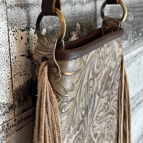 Champagne Tooled Leather Purse with Playful 12" Fringe - Handmade in USA - Picture 6 of 16